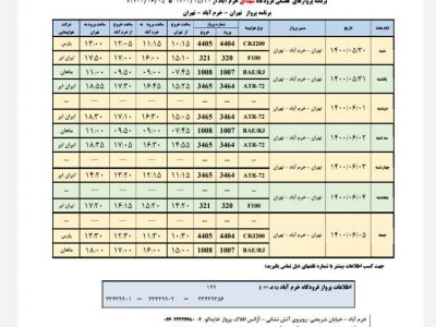 برنامه پروازهای فرودگاه شهدای خرم آباد از ۳۰ مرداد تا  ۵ شهریور ۱۴۰۰